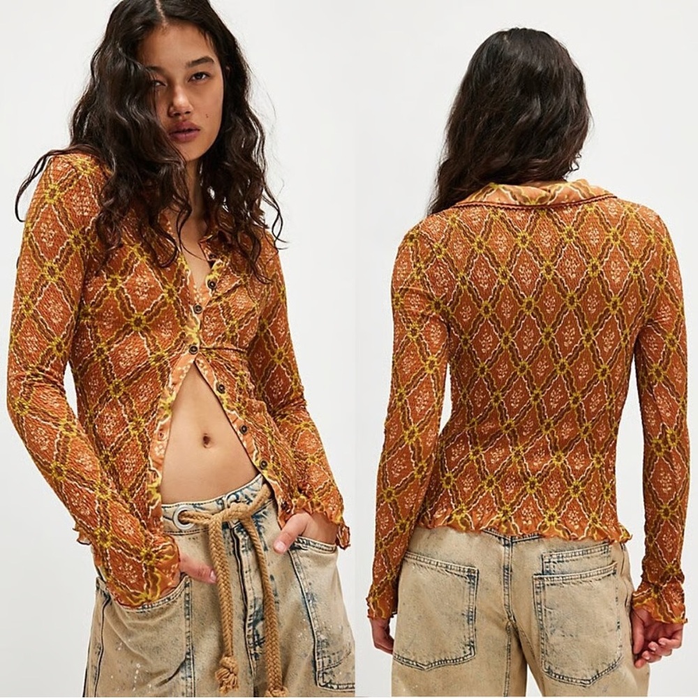 Free People Rust Diamond Pattern Blouse